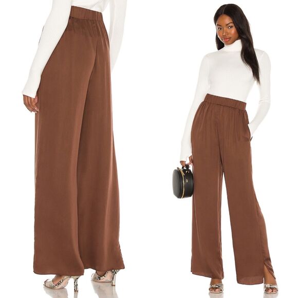 L'Academie Size S Pajama Pant Brown Tencel Satin Pull On Wide Leg - Picture 1 of 10